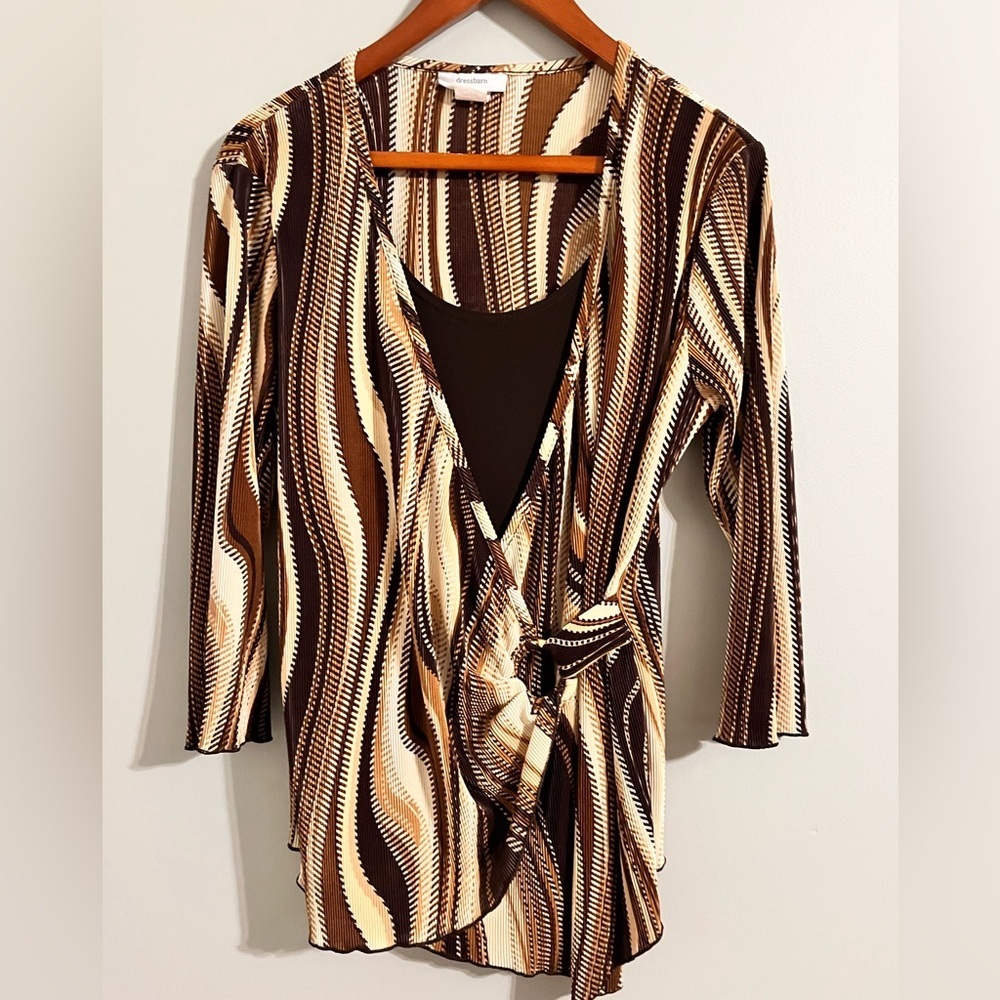 Dressbarn Brown and Cream Striped Wrap Blouse